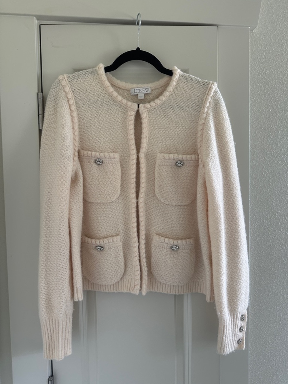 J. Crew Cream Bouclé Pocket Cardigan with Jeweled Buttons